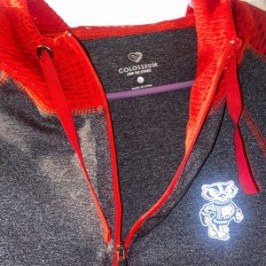 Dark charcoal grey Wisconsin Badger 1/4 zip with mesh like hood.